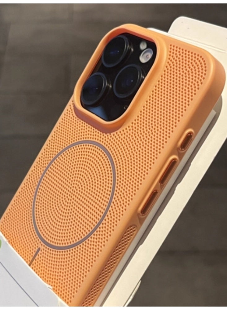 Mesh Heat Dissipation Phone Case Breathable Magnetic Suction Anti Drop Anti Fingerprint,Orange Suitable For iPhone 16 Pro Max - Image 1